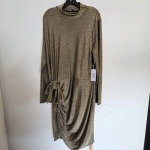 NEW Reformation Paprika Gold Sparkle Long Sleeve Stretchy Knotted Dress Size 3X